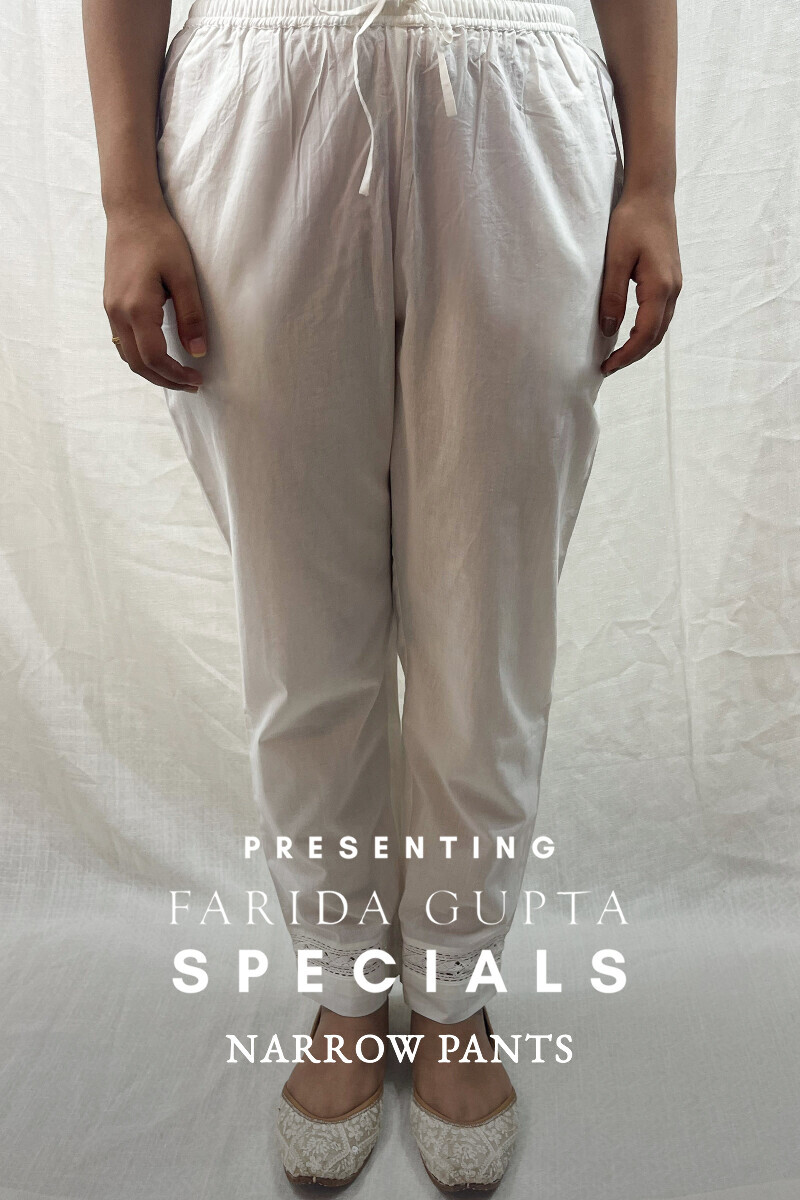 White Handcrafted Cotton Narrow Pants