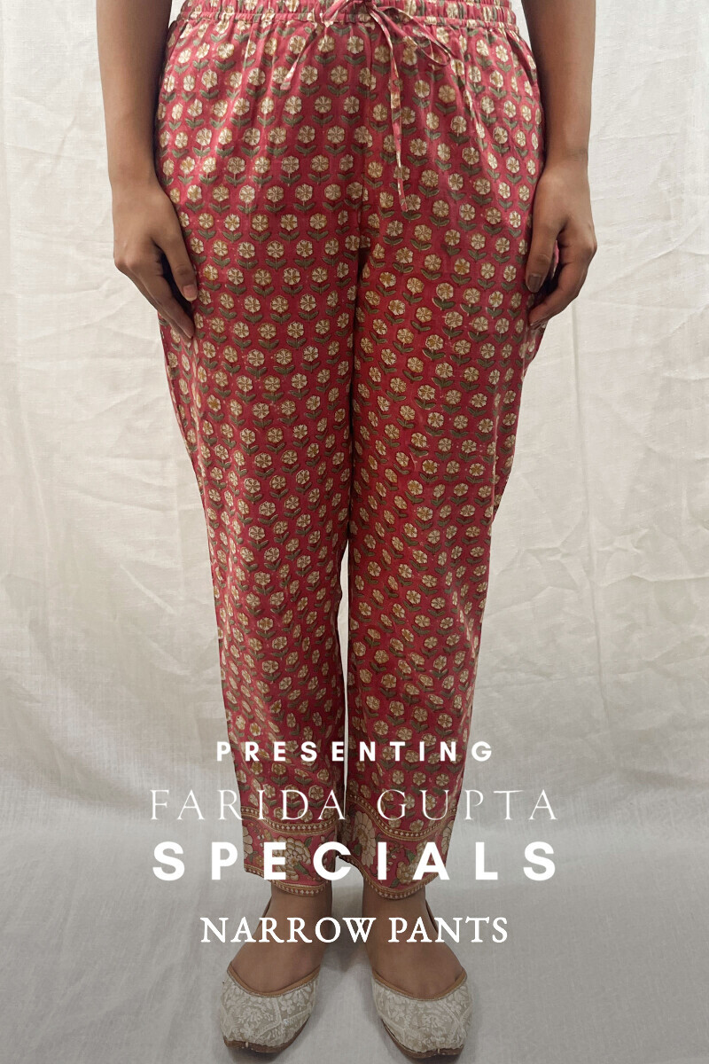 Pink Hand Printed Cotton Slub Narrow Pants