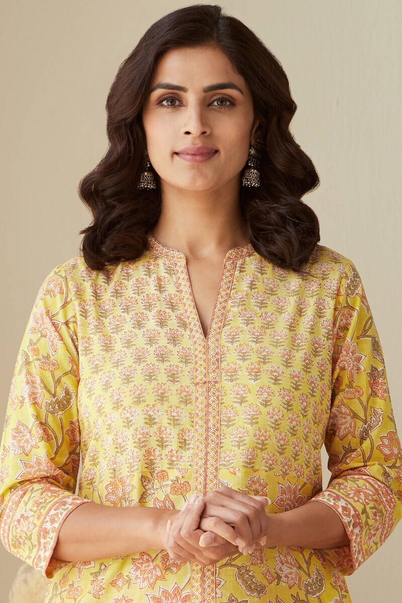 Yellow Hand Block-Printed Straight Cotton Slub Kurta