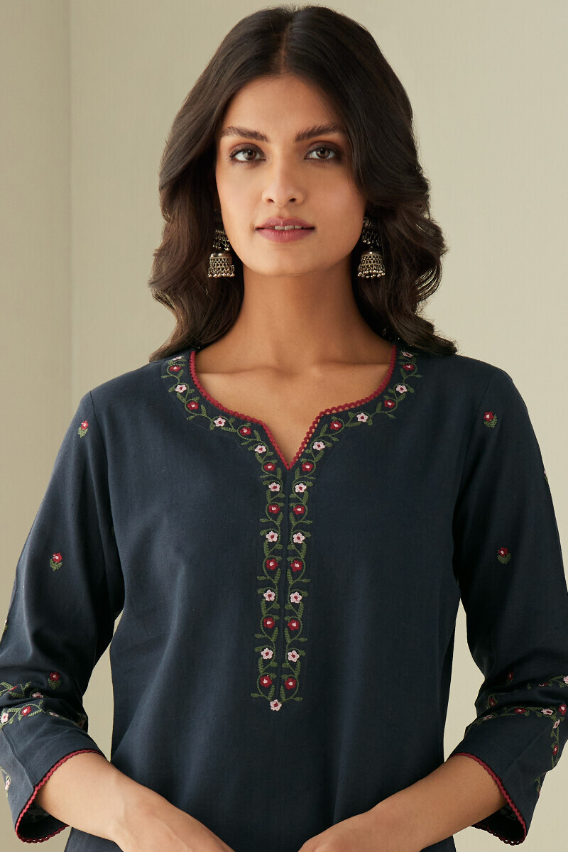 Blue Handcrafted Straight Cotton Flax Kurta