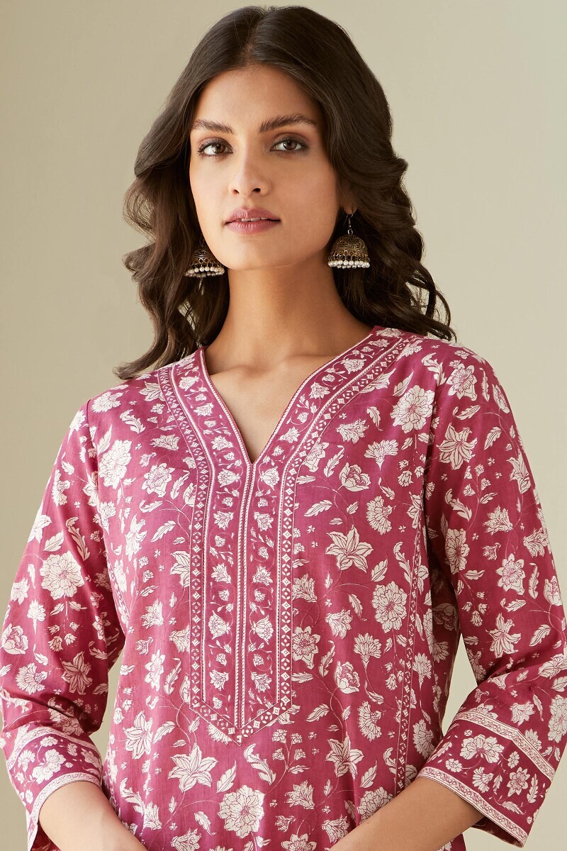 Pink Hand Printed Straight Cotton Kurta