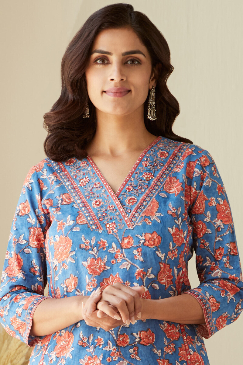 Blue Hand Block-Printed Straight Cotton Kurta