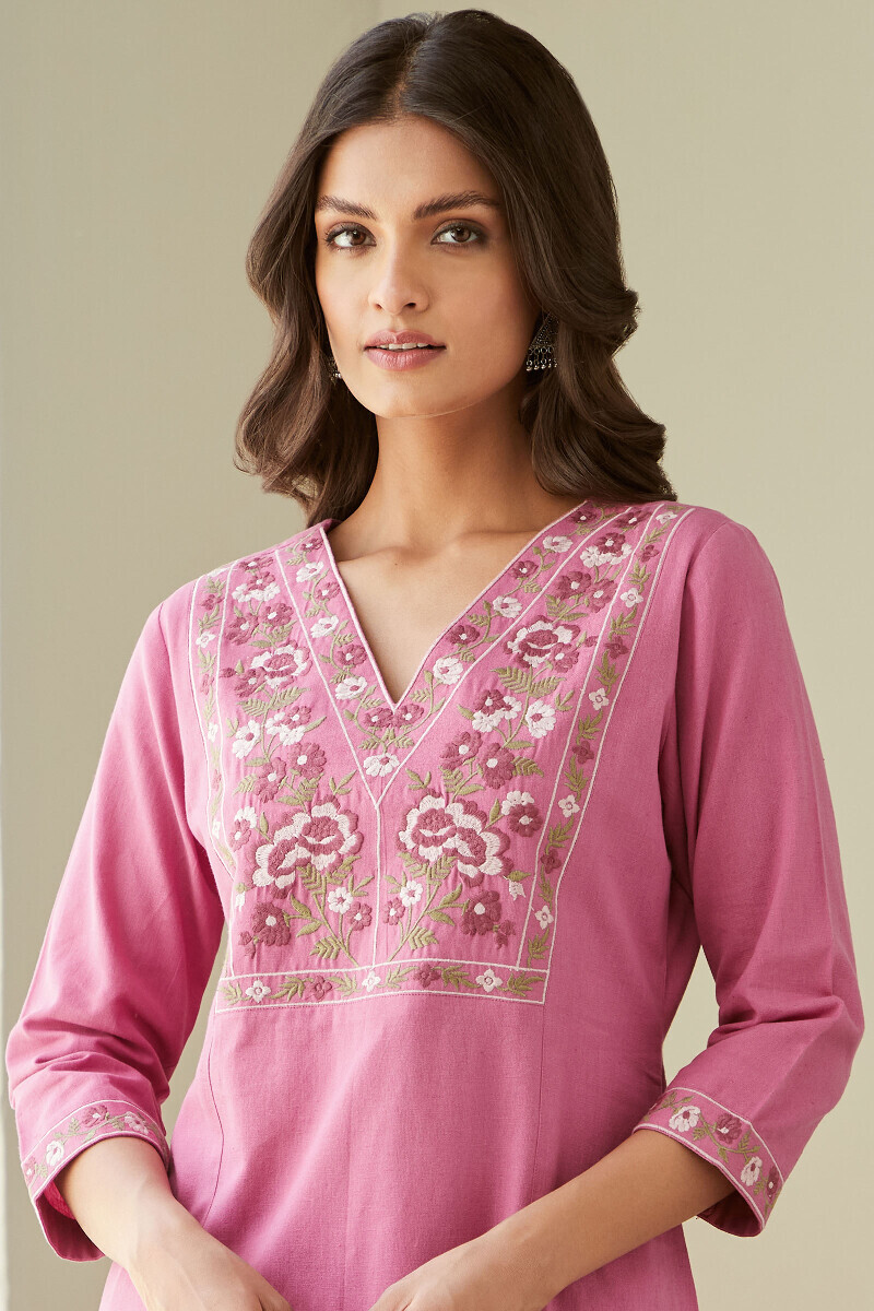 Pink Handcrafted Straight Cotton Flax Kurta