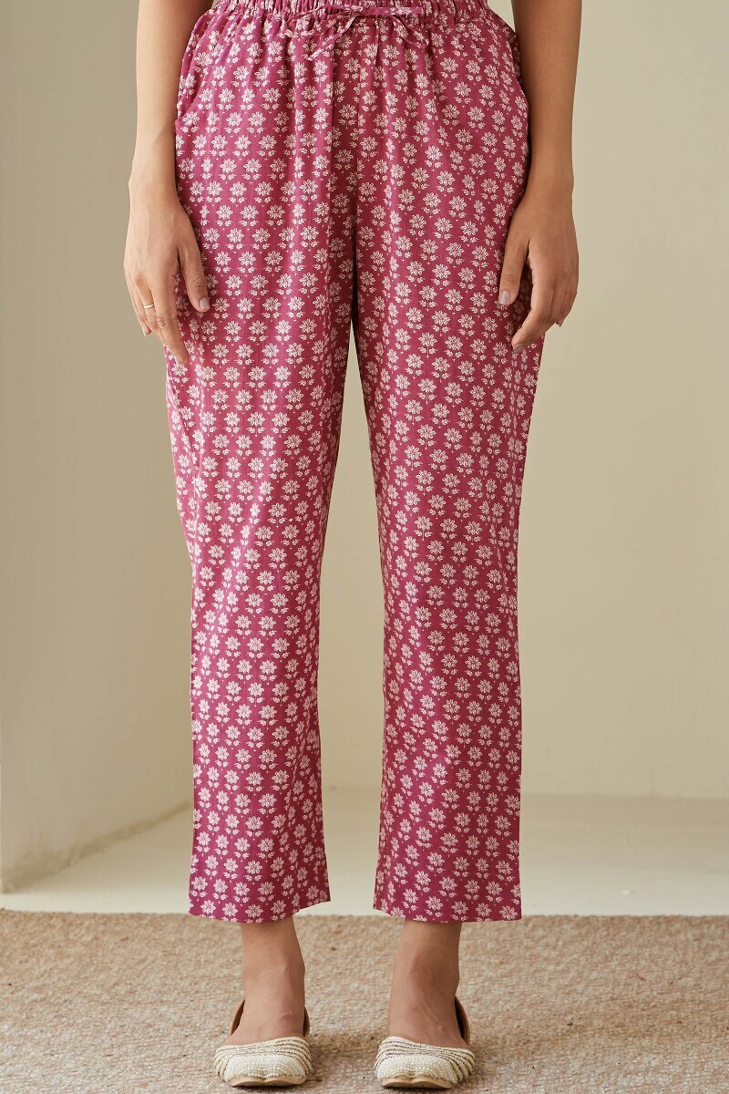 Pink Hand Printed Cotton Narrow Pants