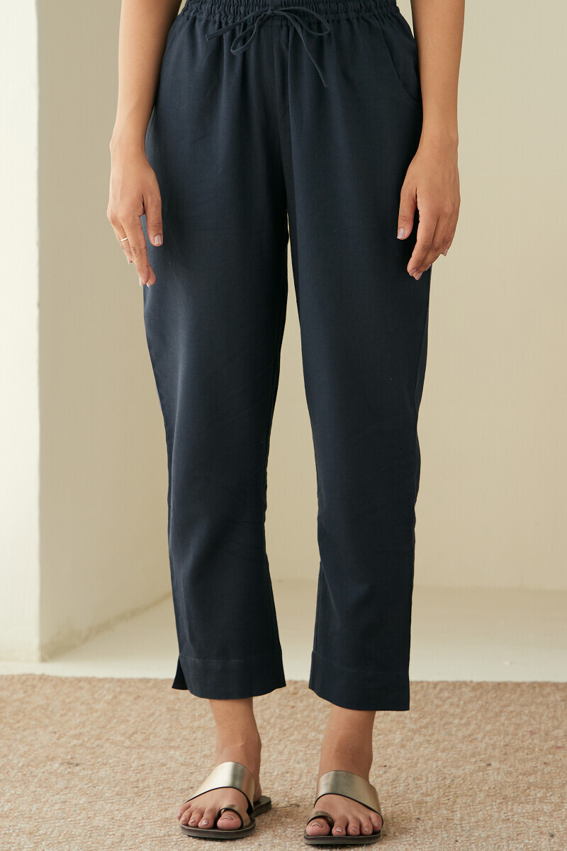 Blue Handcrafted Cotton Flax Narrow Pants
