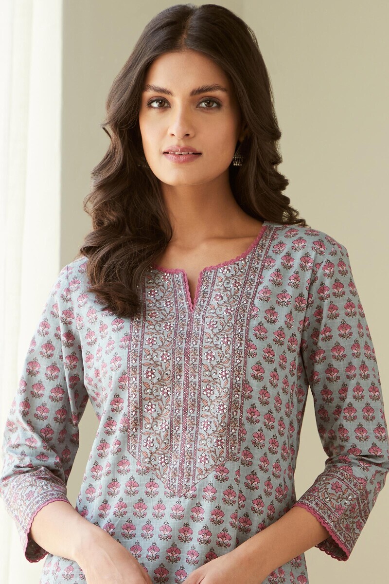 Blue Hand Printed Straight Cotton Slub Kurta