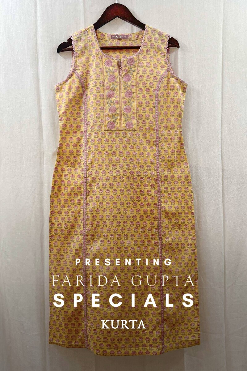 Yellow Hand Block-Printed Straight Cotton Slub Kurta