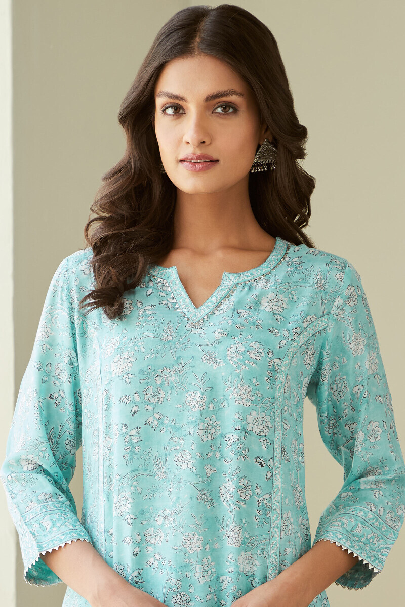 Blue Hand Block-Printed Straight Viscose Kurta