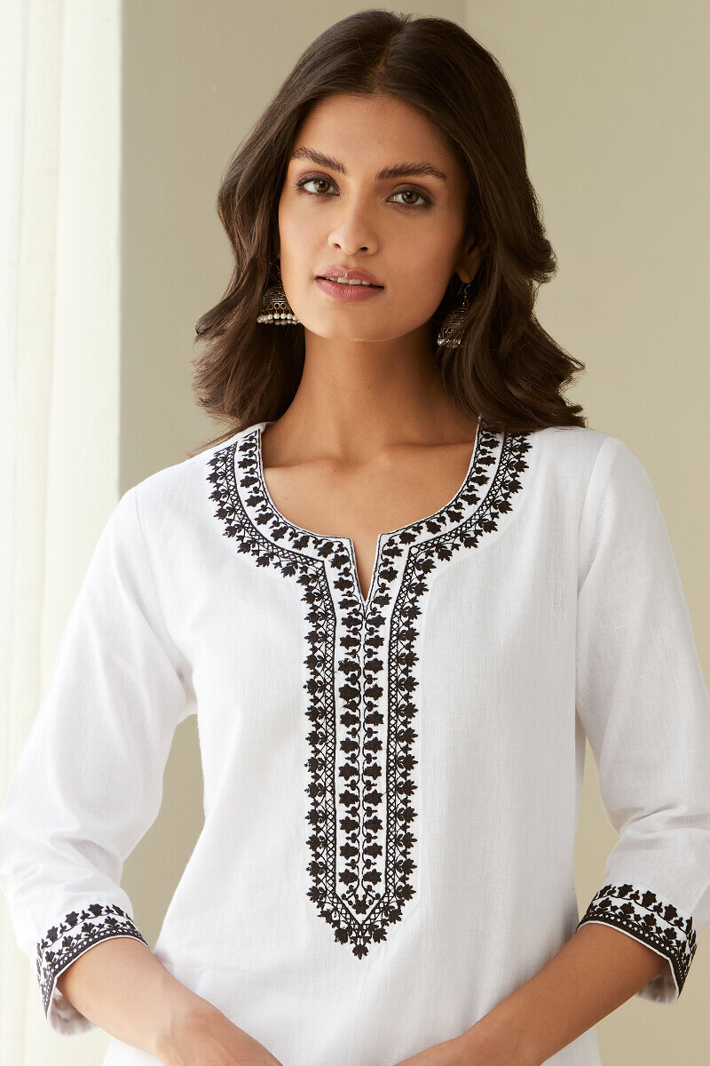 White Handcrafted Straight Cotton Flax Kurta