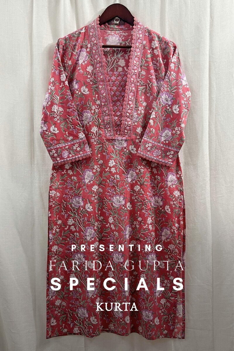 Pink Hand Block-Printed Straight Cotton Kurta