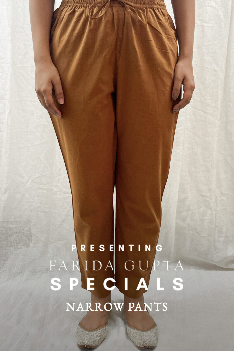 Brown Handcrafted Cotton Slub Narrow Pants