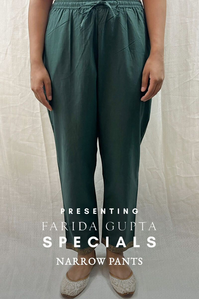 Green Handcrafted Cotton Slub Narrow Pants