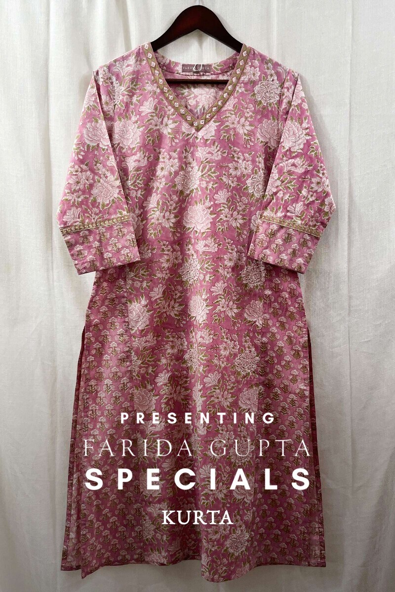 Pink Hand Block-Printed Straight Cotton Kurta