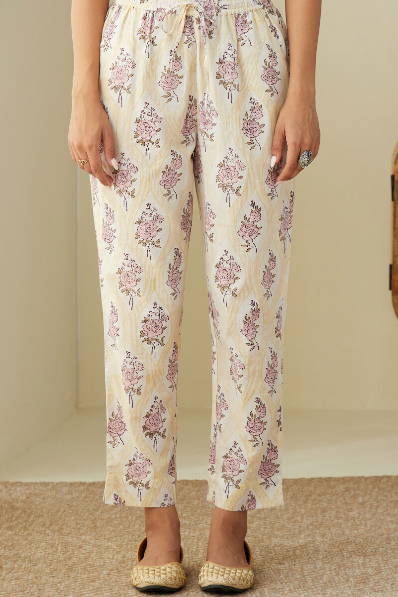 Yellow Hand Block-Printed Cotton Narrow Pants