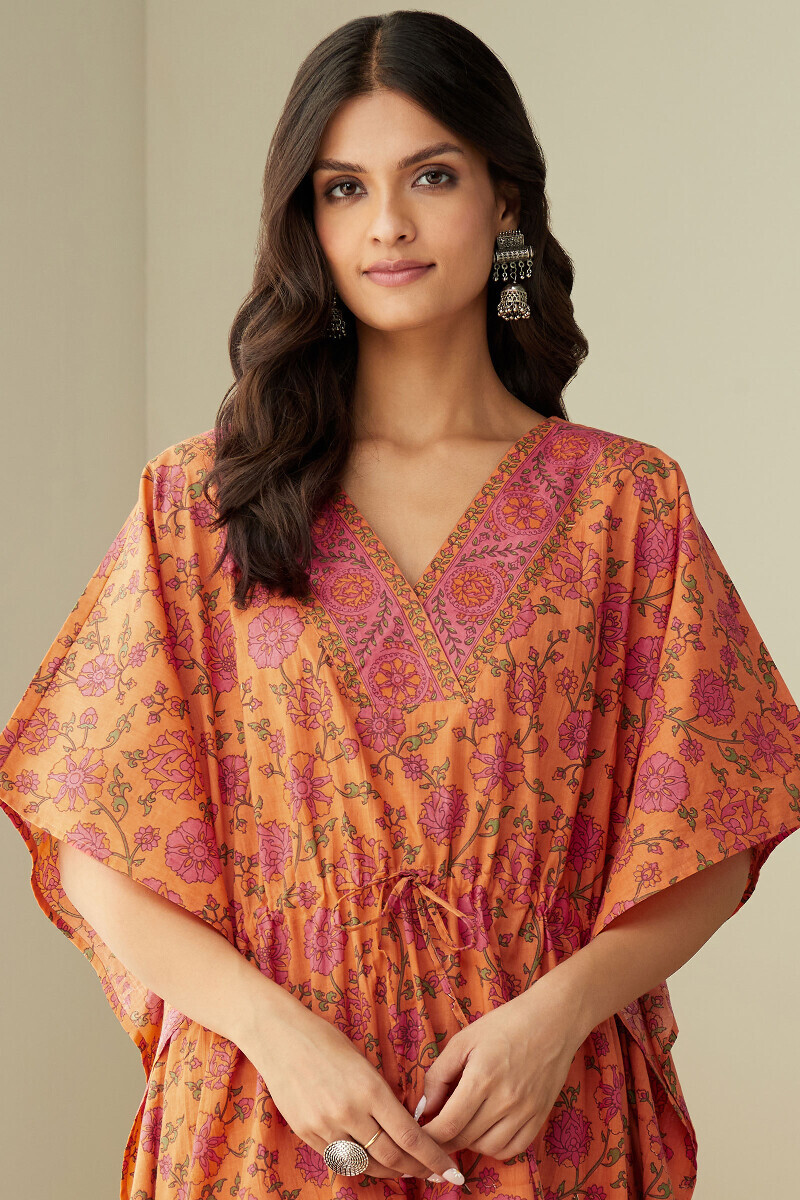 Orange Hand Printed Cotton Mul Kaftan