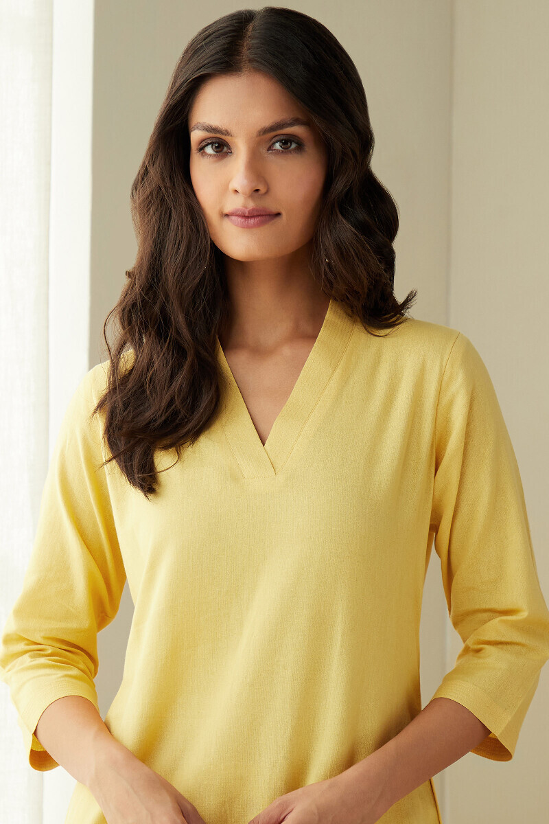 Yellow Handcrafted Straight Cotton Flax Kurta