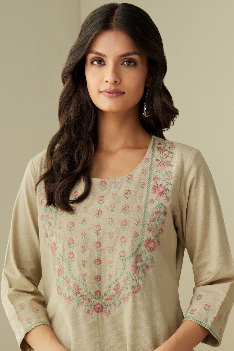 Beige Handcrafted Straight Cotton Flax Kurta