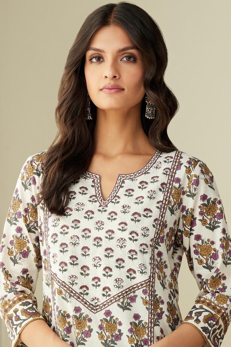Cream Hand Printed Straight Cotton Kurta