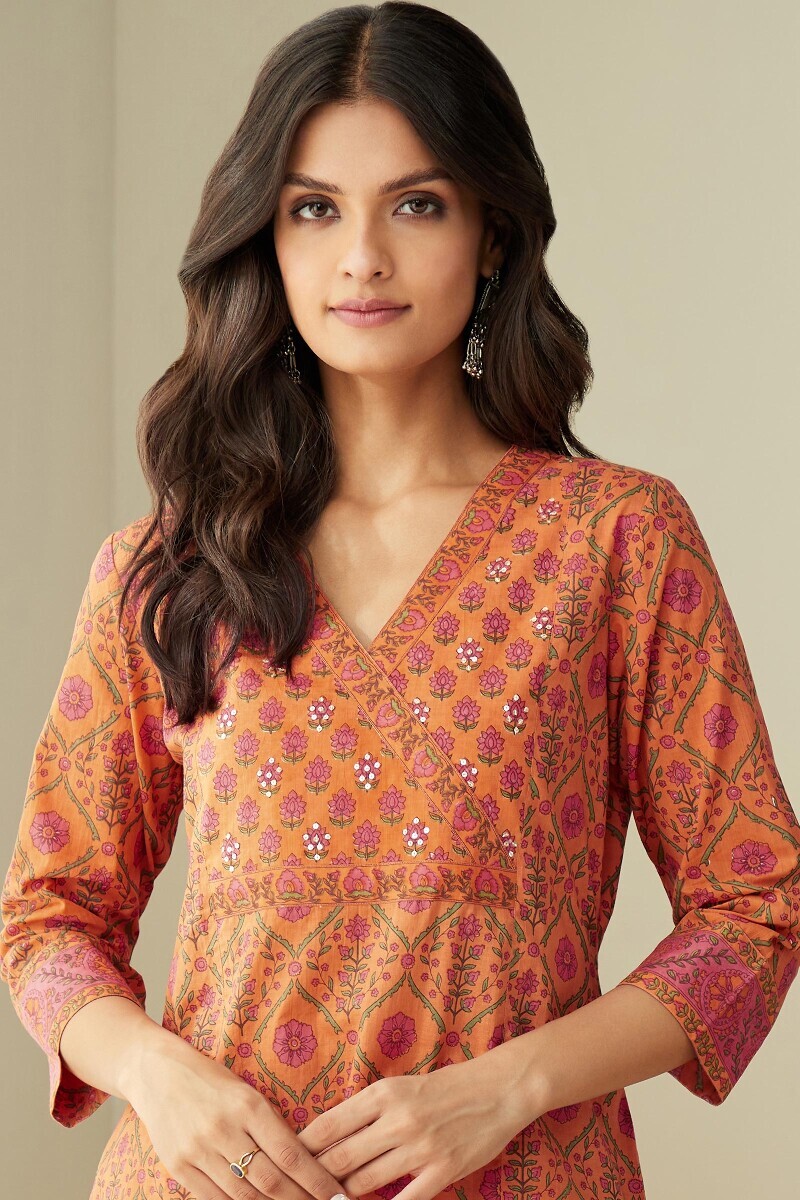 Orange Hand Printed Straight Cotton Kurta