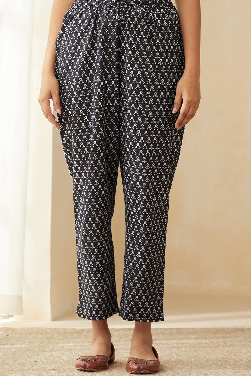 Blue Hand Printed Cotton Narrow Pants