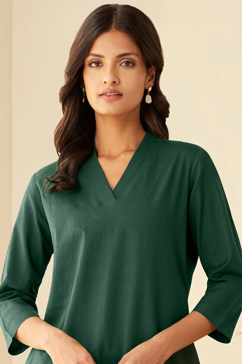 Green Handcrafted Straight Cotton Flax Kurta