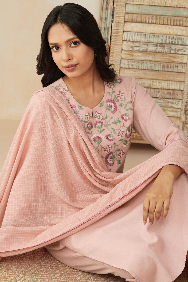 Pink Handcrafted Straight Cotton Flax Kurta