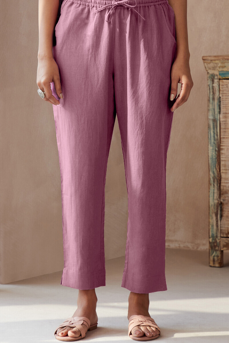 Purple Handcrafted Cotton Flax Narrow Pants
