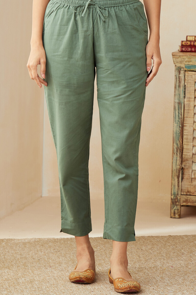 Green Handcrafted Cotton Narrow Pants