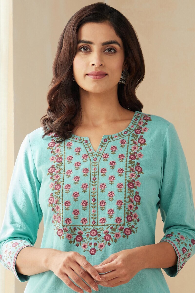 Blue Handcrafted Straight Cotton Flax Kurta