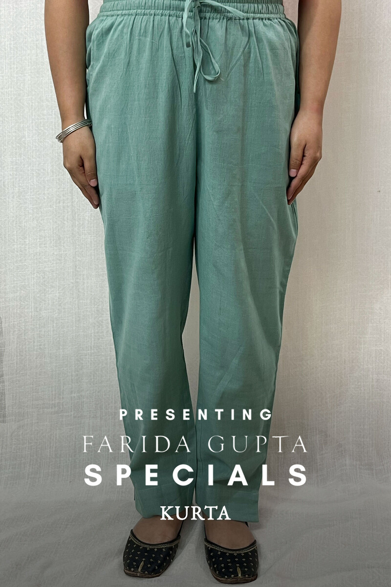 Green Handcrafted Cotton Flax Narrow Pants