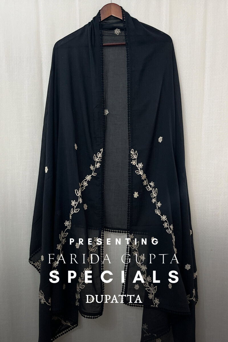 Black Handcrafted Cotton Mul Dupatta