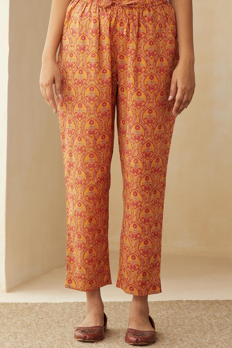 Mustard Hand Printed Cotton Narrow Pants