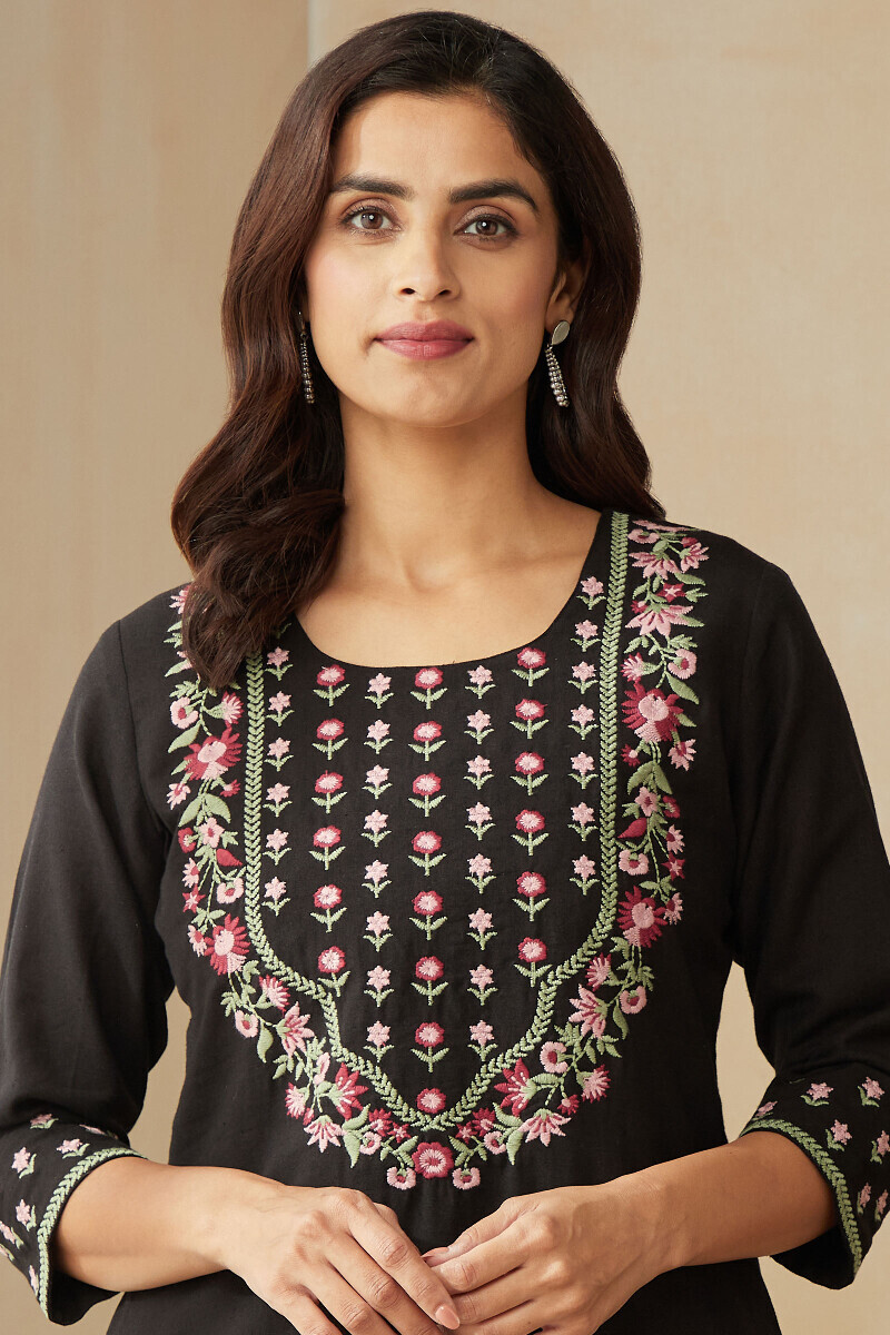 Black Handcrafted Straight Cotton Flax Kurta