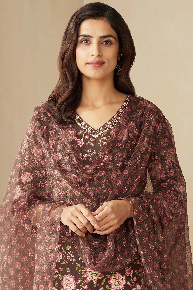 Brown Hand Printed Kota Dupatta