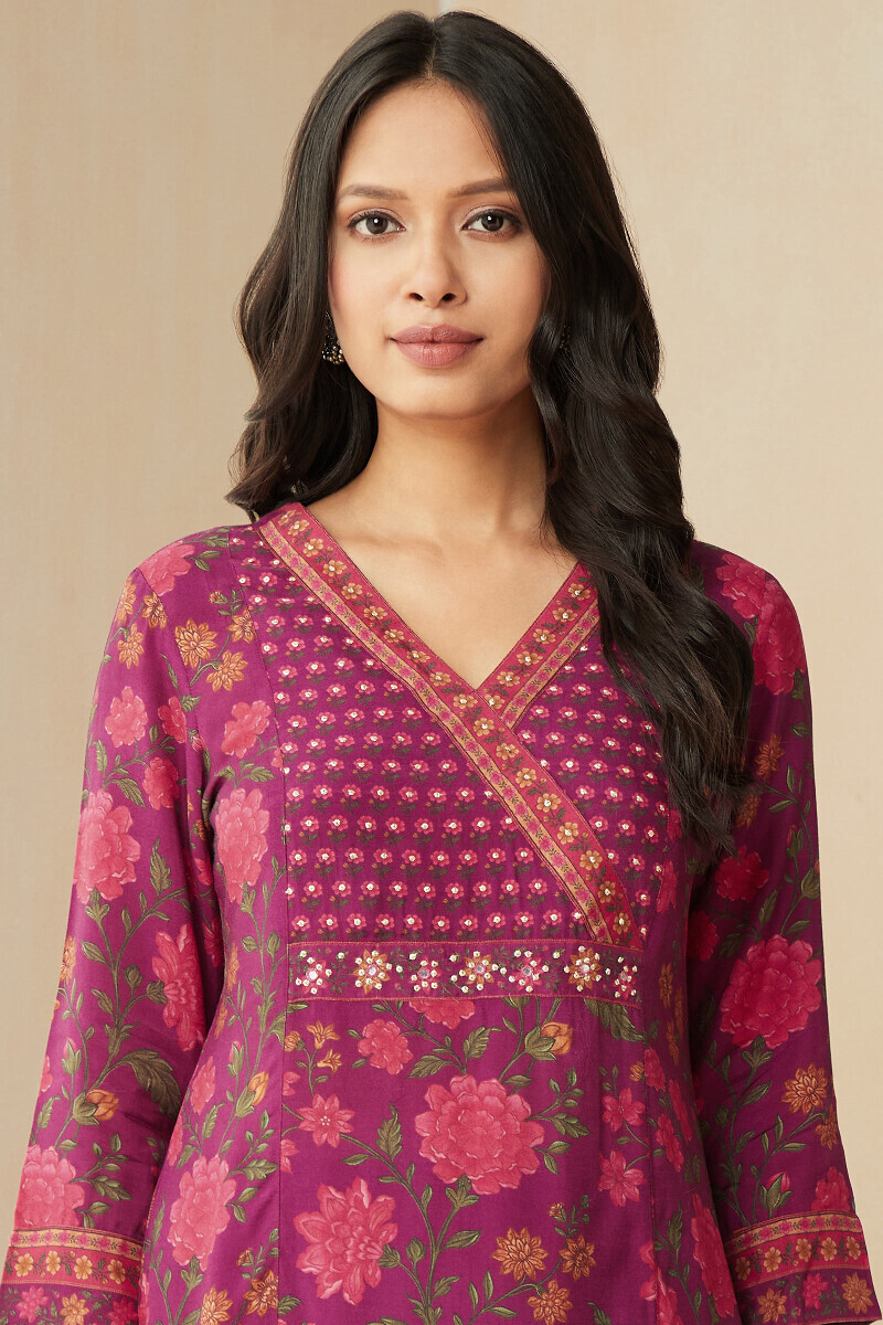 Purple Printed Straight Viscose Kurta