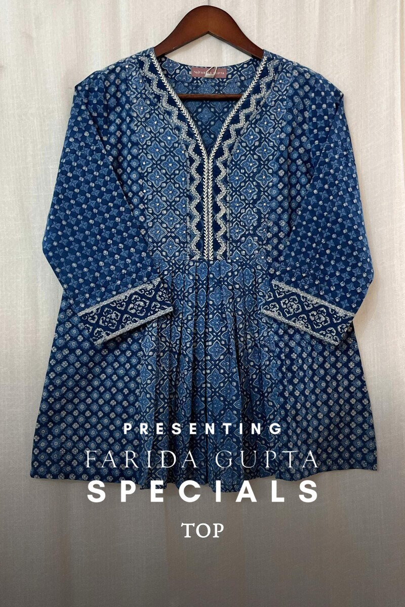 Blue Hand Block-Printed Cotton Slub Top
