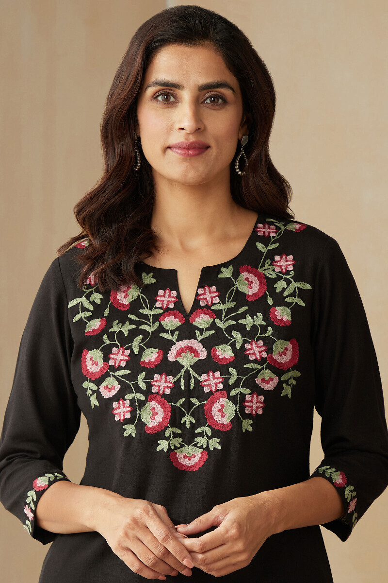 Black Handcrafted Straight Cotton Flax Kurta