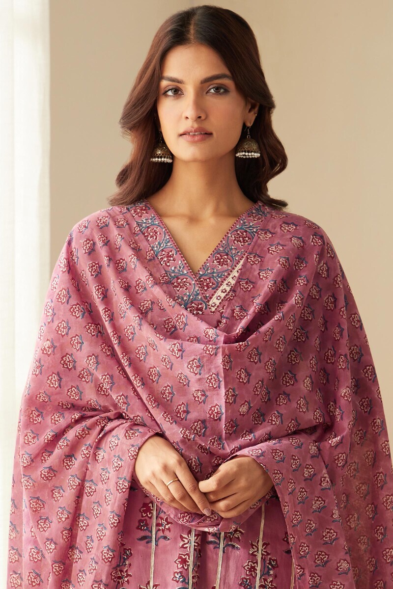 Purple Hand Block-Printed Cotton Mul Dupatta