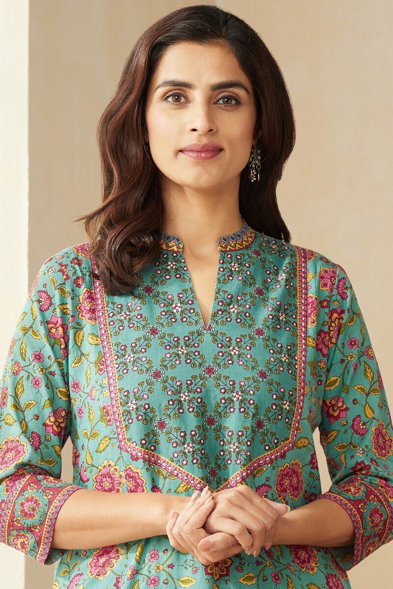 Blue Hand Printed Straight Cotton Kurta
