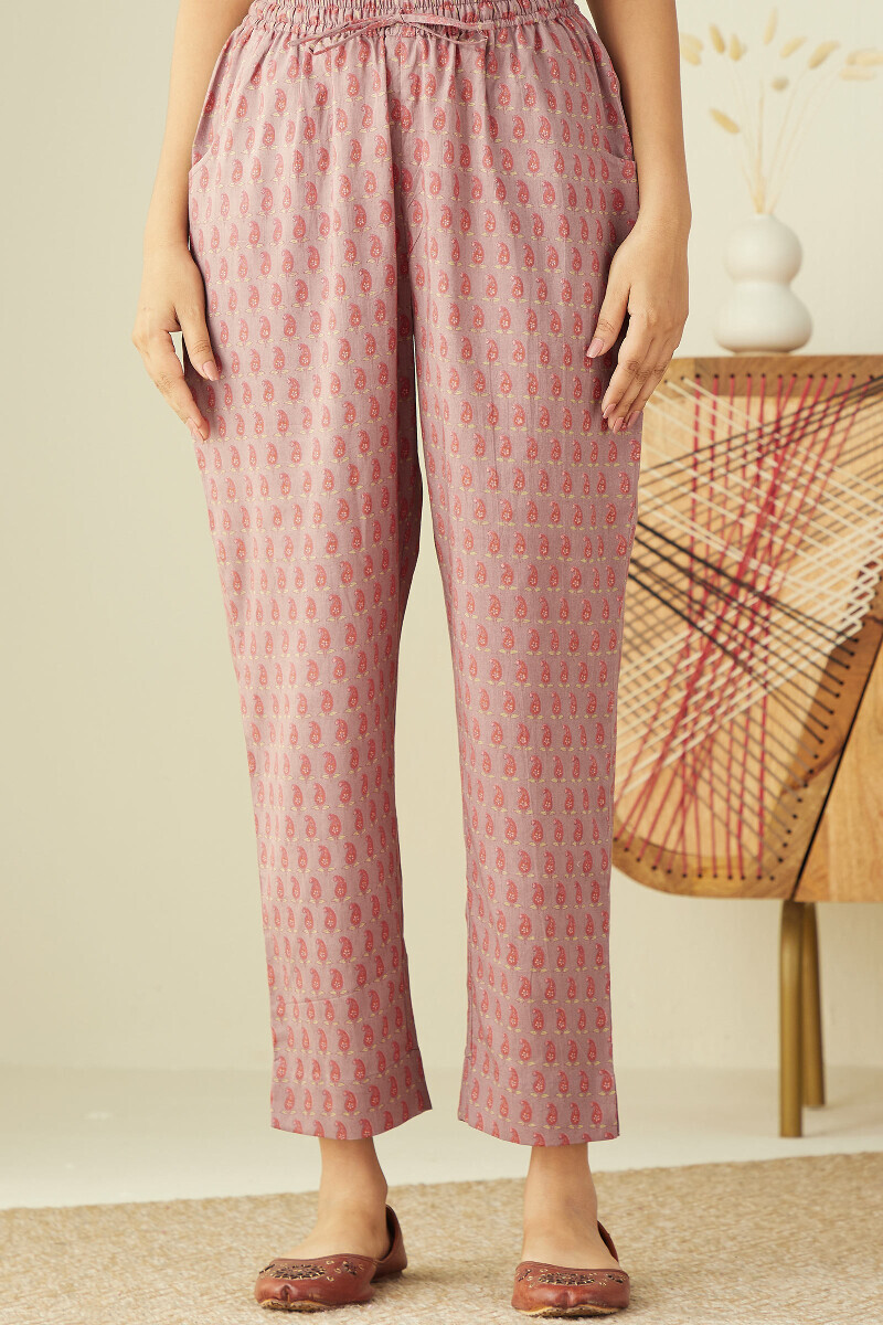 Mauve Hand Printed Cotton Narrow Pants