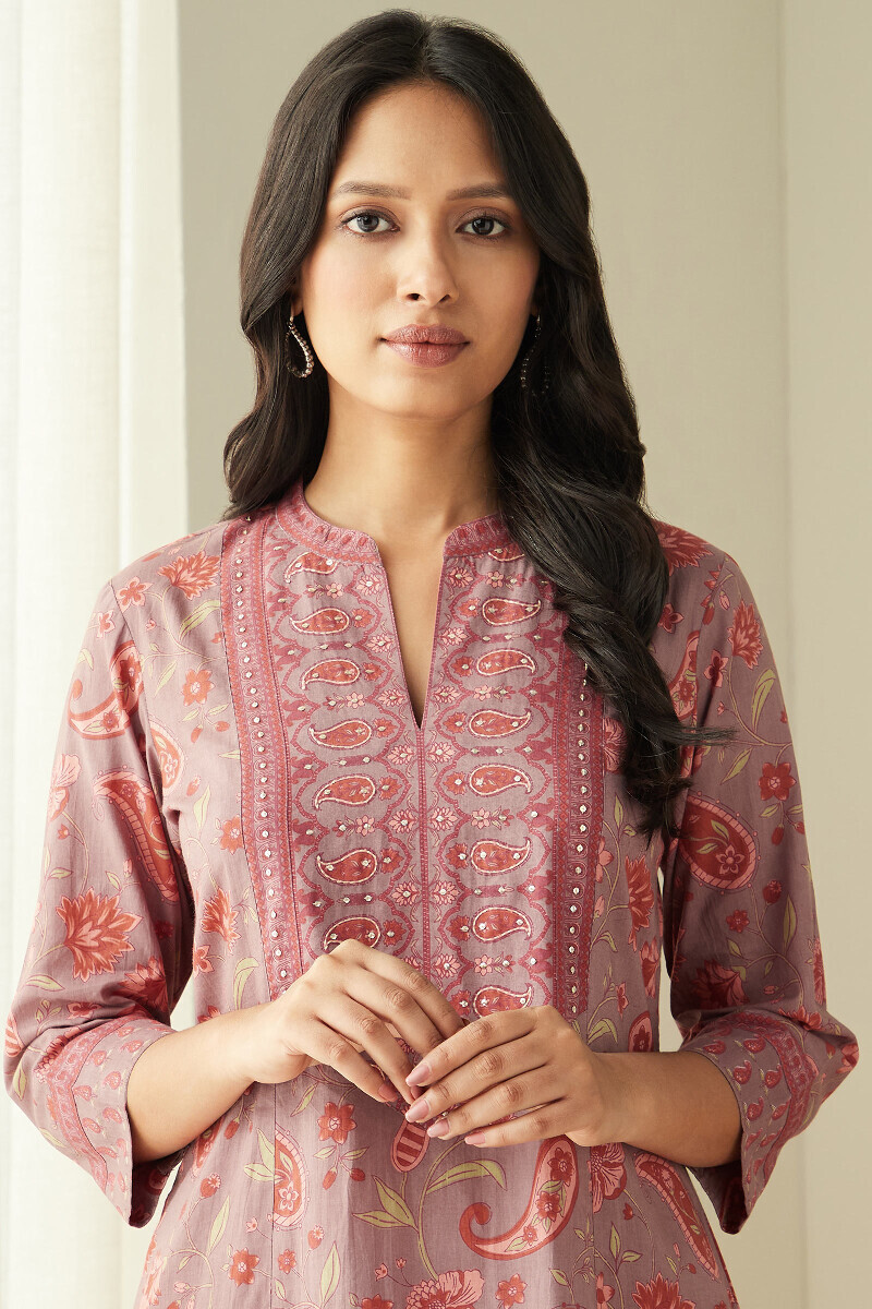 Mauve Hand Printed Straight Cotton Kurta