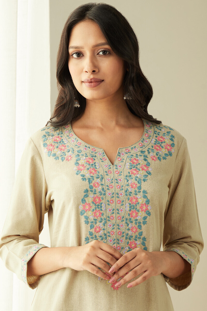 Beige Handcrafted Straight Cotton Flax Kurta