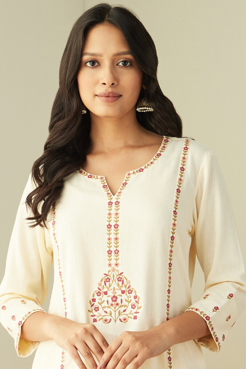 Cream Handcrafted Straight Cotton Flax Kurta