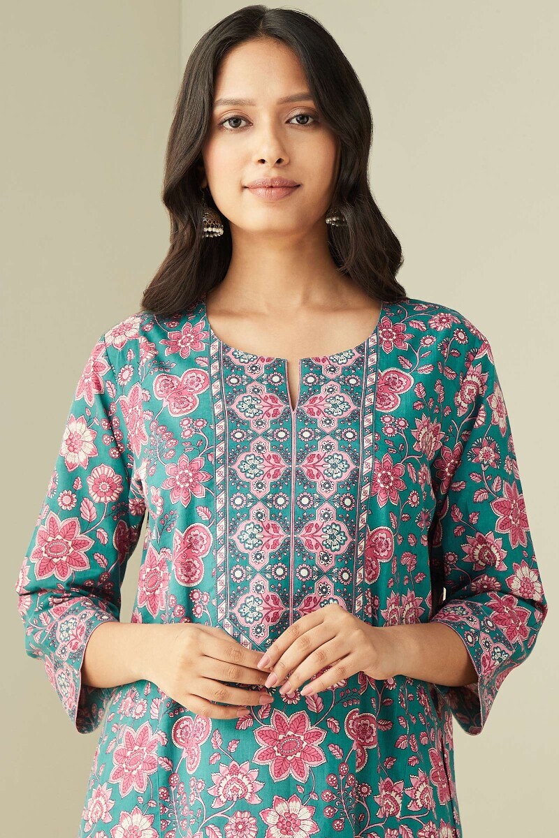 Green Hand Printed Cotton Kaftan