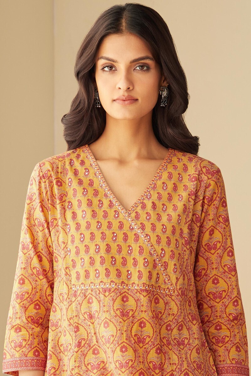 Mustard Hand Printed Straight Cotton Kurta