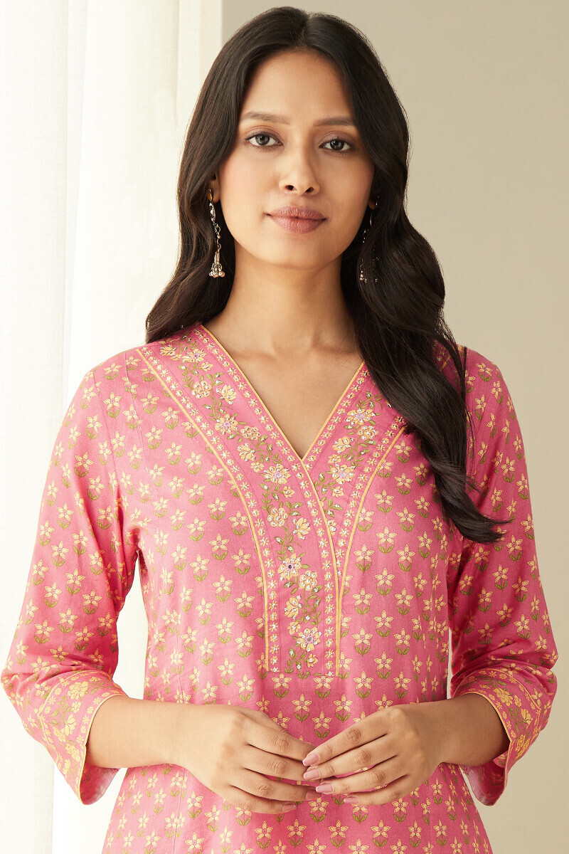 Pink Printed Straight Cotton Kurta