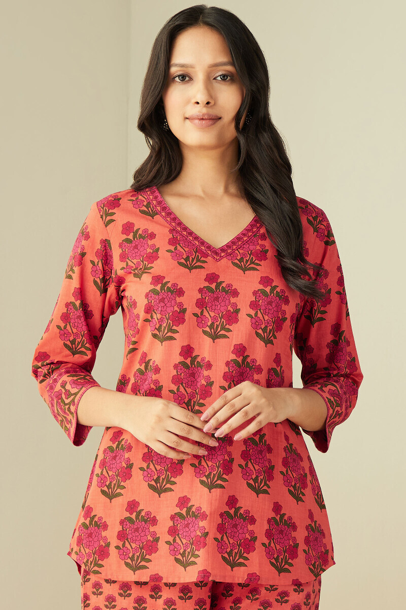 Orange Hand Printed Cotton Loungewear Set