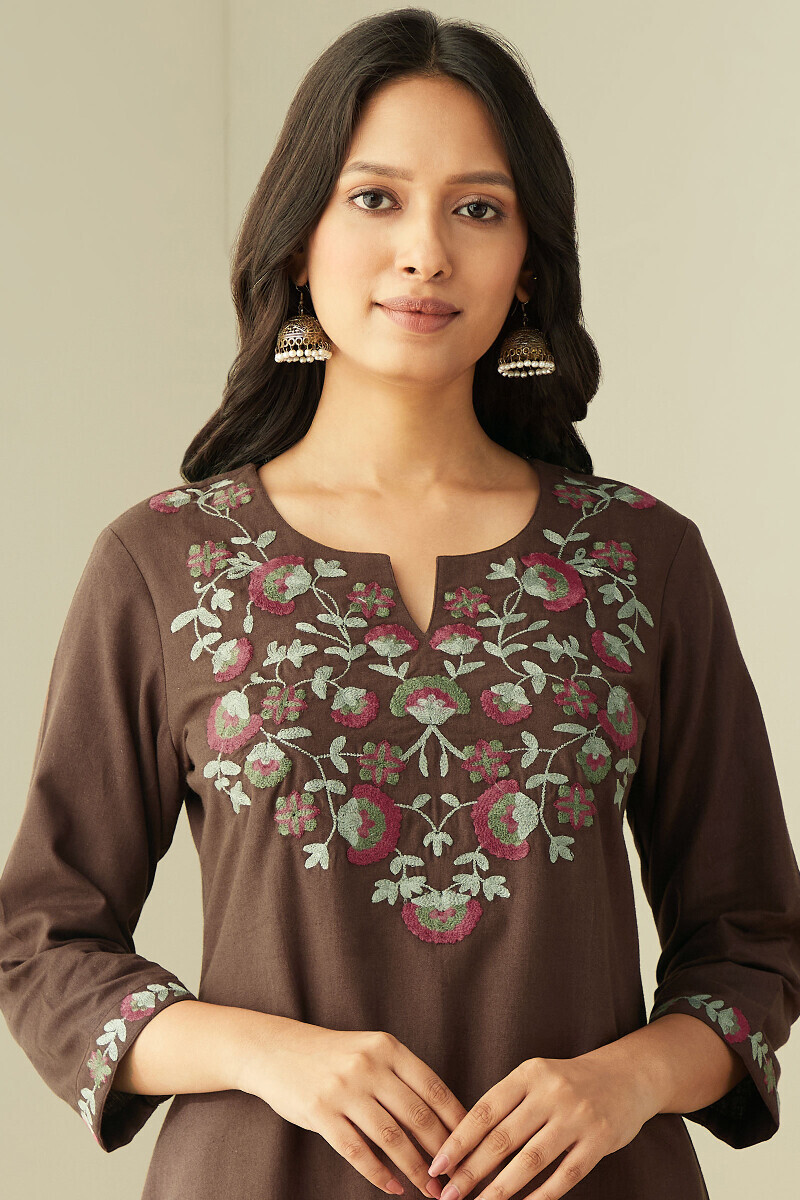 Brown Handcrafted Straight Cotton Flax Kurta