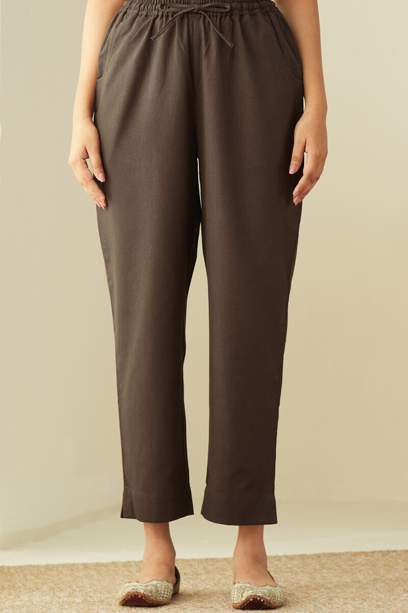 Brown Handcrafted Cotton Flax Narrow Pants