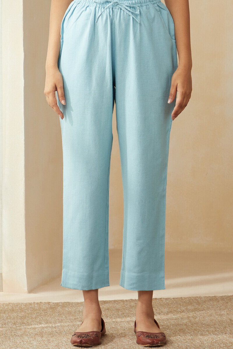 Blue Handcrafted Cotton Flax Narrow Pants